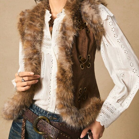 Brown Casual Women's Nomad Style Sleeveless Jacket Vest - Picture 6 of 9